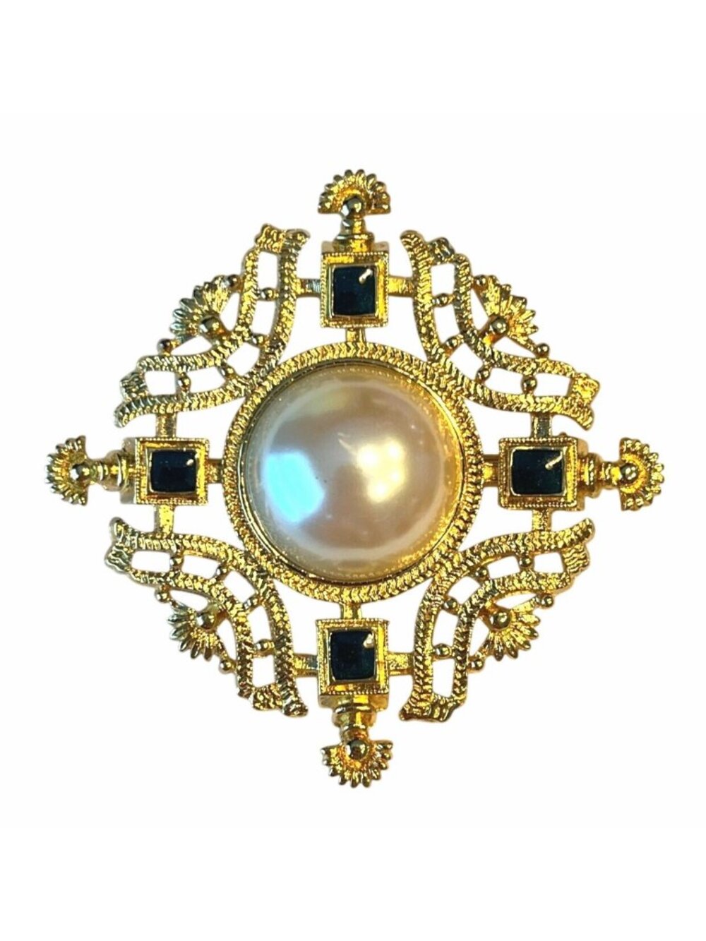 Vtg Monet Gold-Tone Brooch With Faux Pearl Black Stone Accents Elegant Filigree